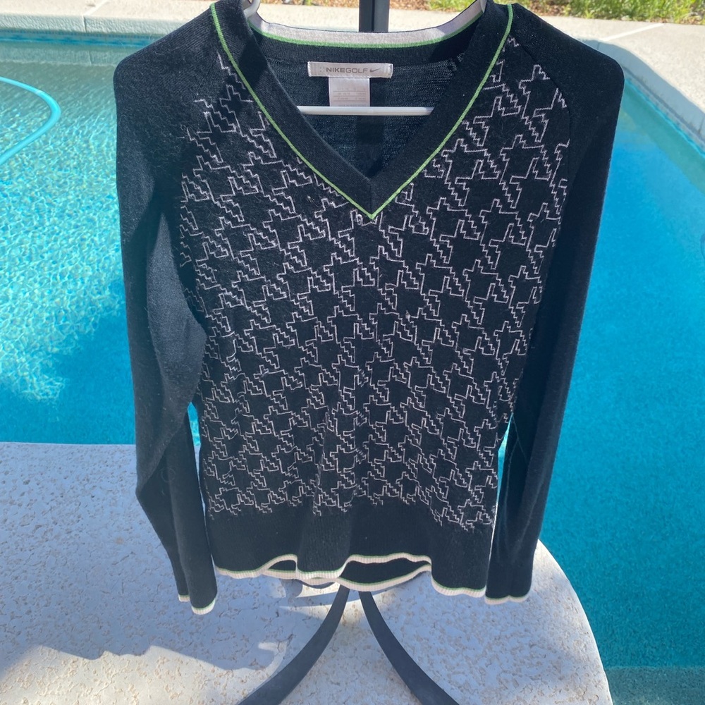 Nike Golf Black White Green Merino Wool Sweater V-Neck